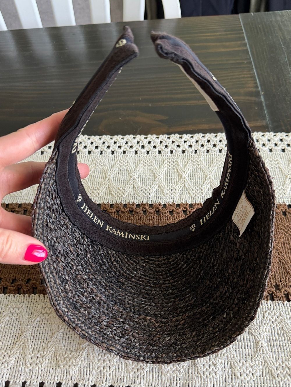 Helen Kaminski Chocolate Brown & Black Bianca Raffia Braid Visor Hat - Picture 3 of 10